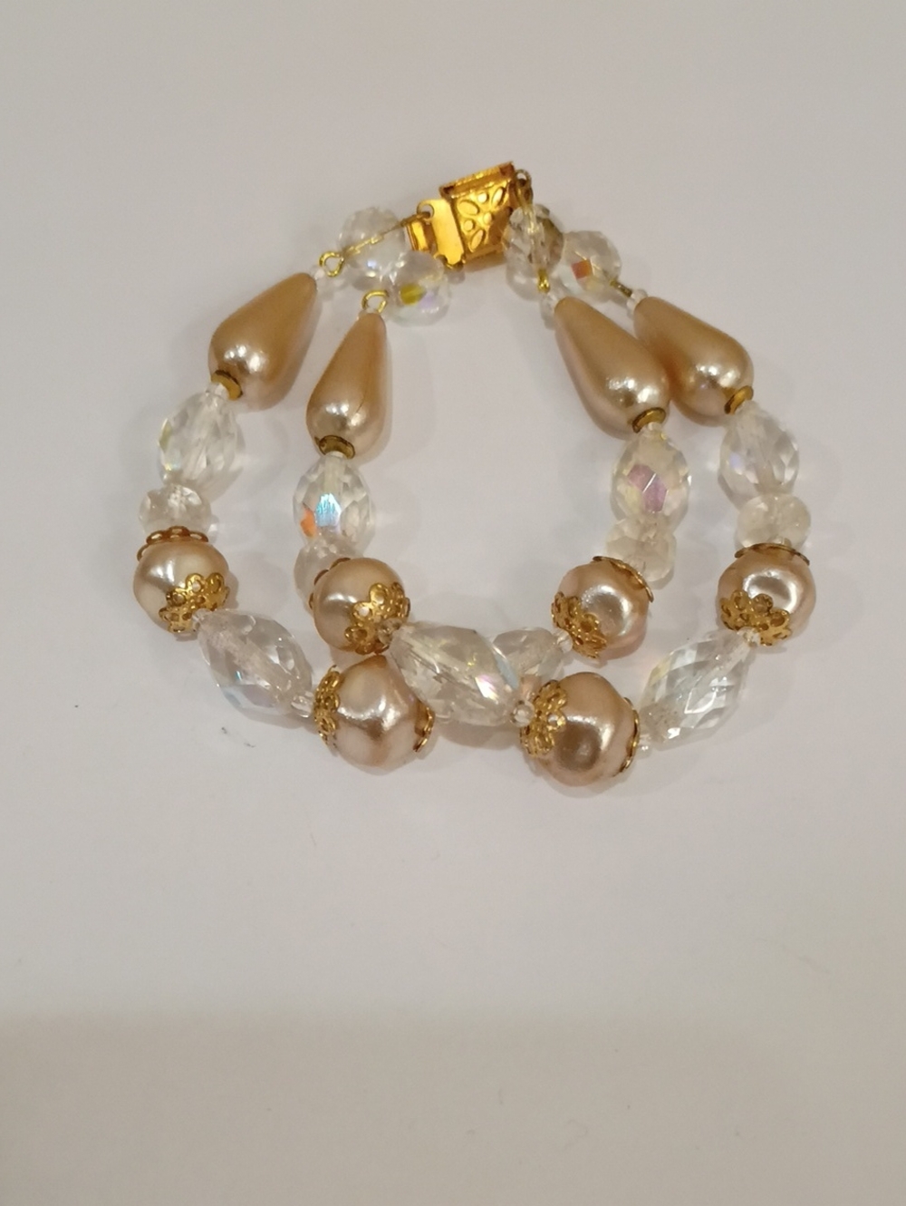 Aurora Borealis Glass and Faux Pearl Double Strand Bracelet - Vintage!